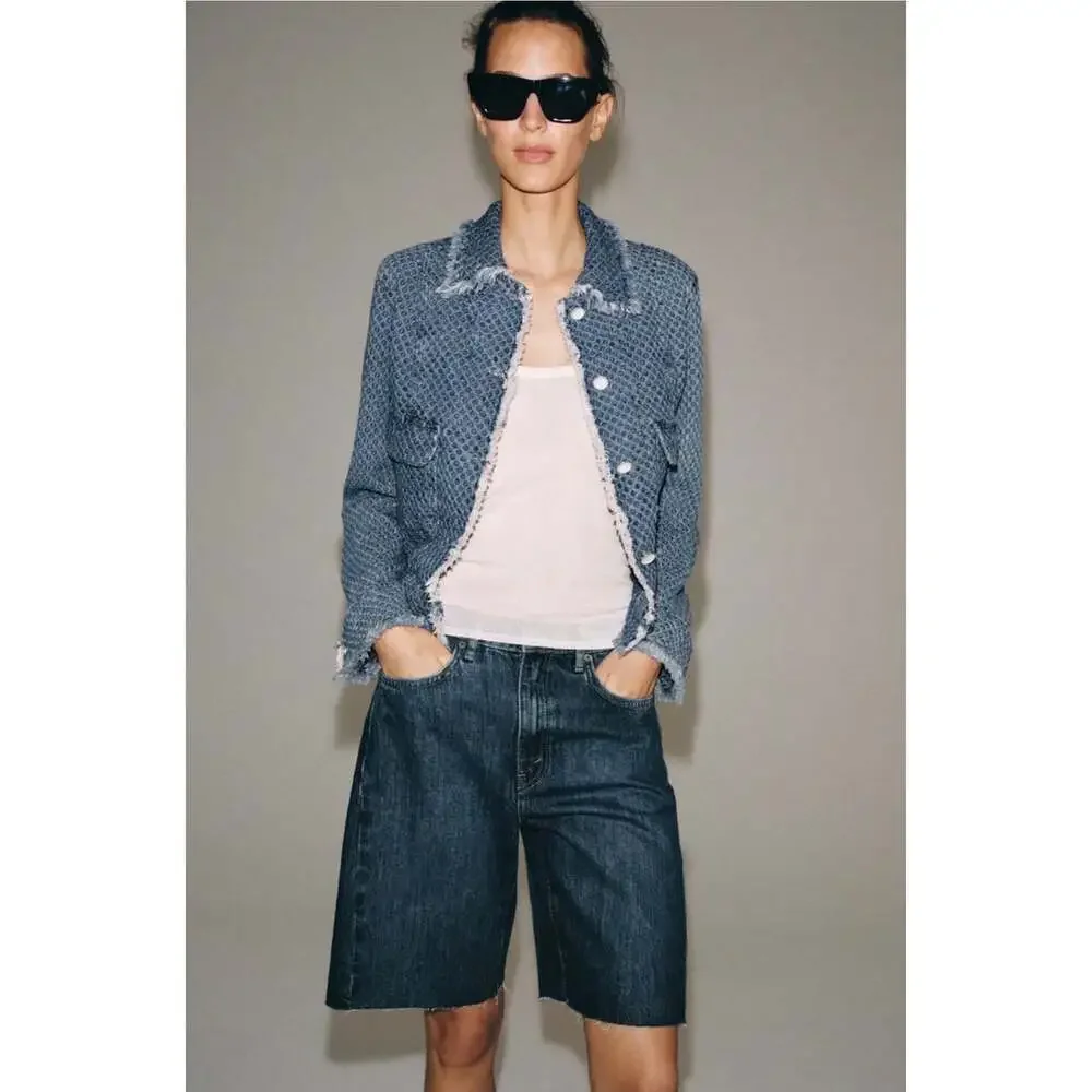 Zara Women’s Denim Bermuda Shorts Size 8 Blue High Rise Pleated Long Jorts